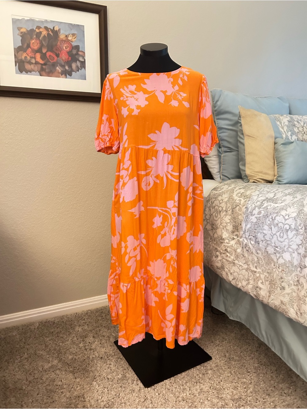 Orange & Pink Floral Midi Dress - Women. Size L